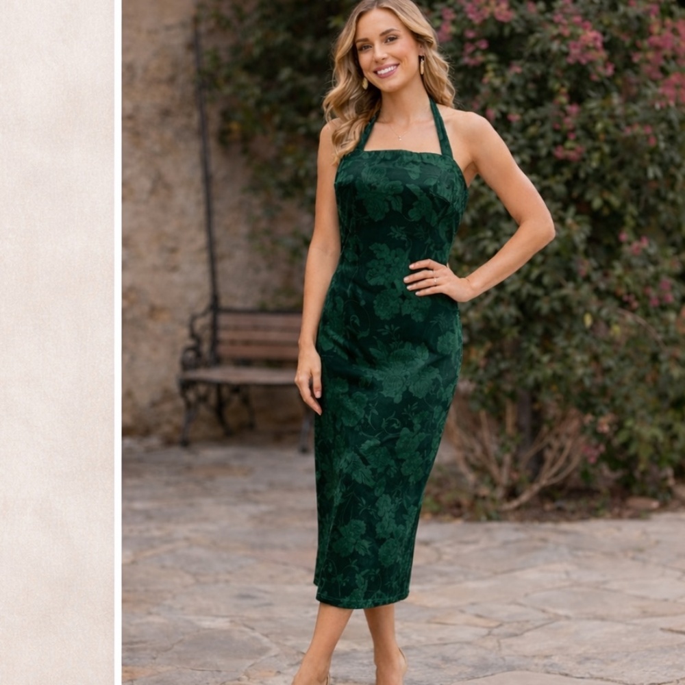 Aakaa Dark Green Floral Jacquard Halter Maxi Dress
